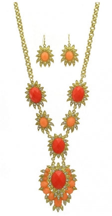 Coral necklace set, coral and gold necklace, long neck necklace