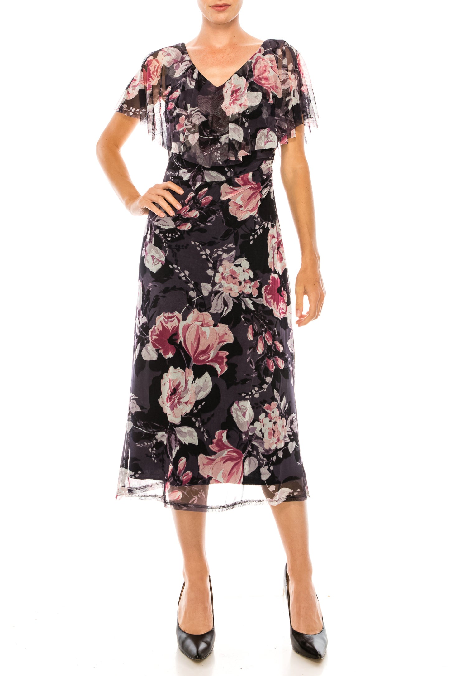 Connected Apparel Navy Floral Print Cape Midi Dress