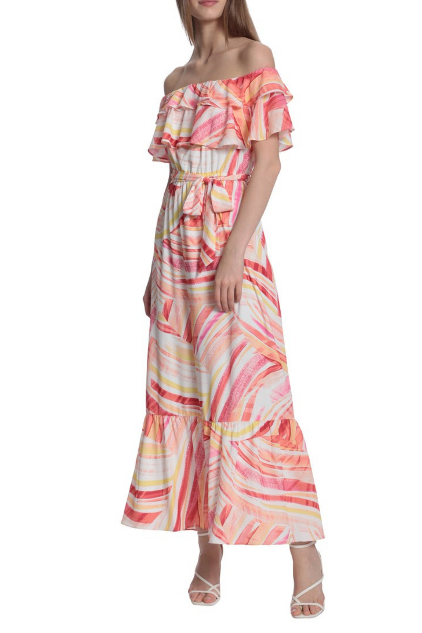 Donna Morgan Coral Swirl Print Ruffle Off The Shoulder Tiered Maxi Dress