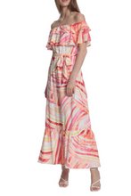 Load image into Gallery viewer, Donna Morgan Coral Swirl Print Ruffle Off The Shoulder Tiered Maxi Dress
