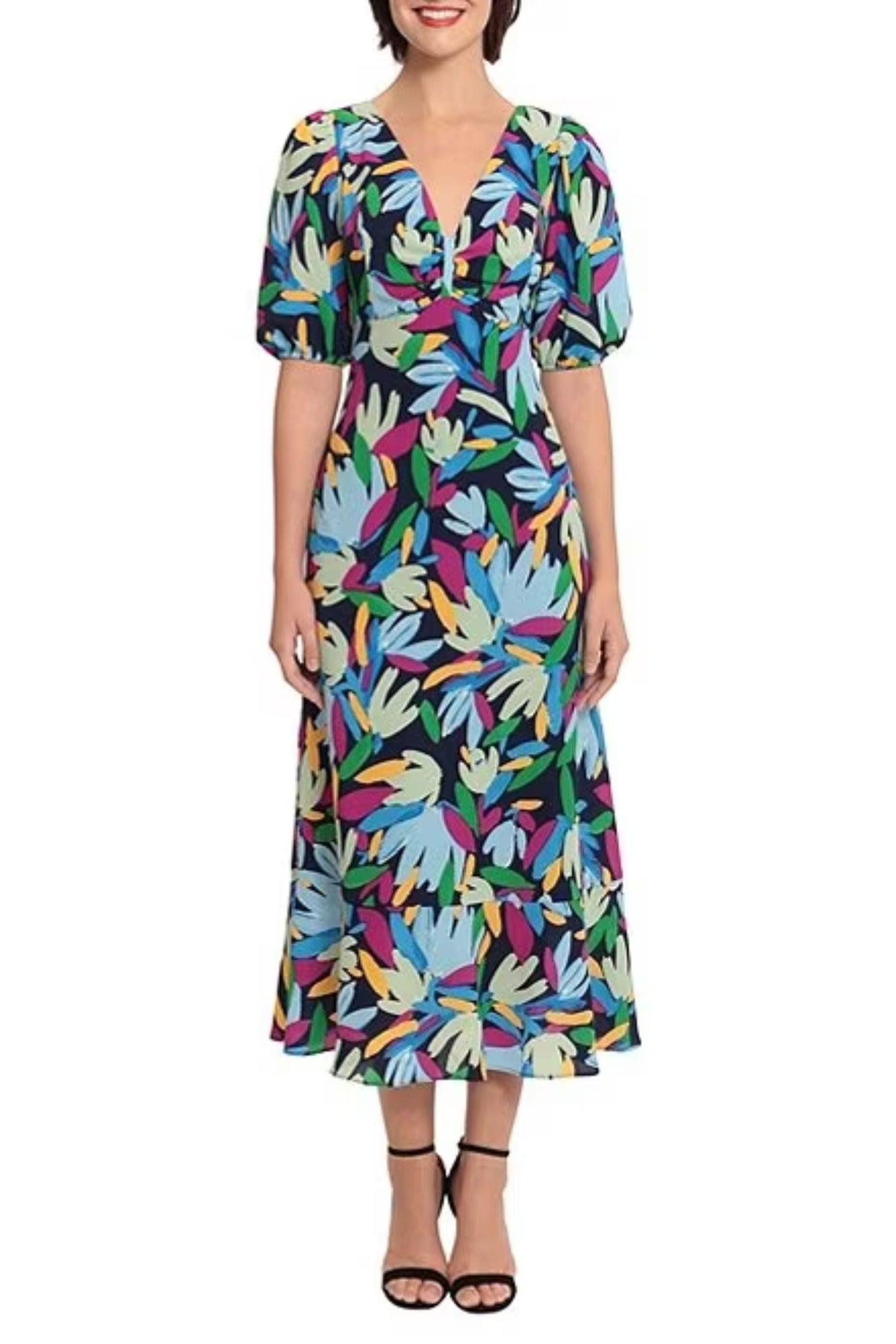 Donna Morgan Short Sleeve Leaf Print Midi Dress