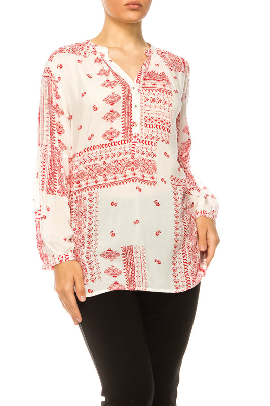 Red and White Print Long Sleeve Top