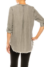 Load image into Gallery viewer, Hester &amp; Orchid Tencel Button Split Neck Fringe Top
