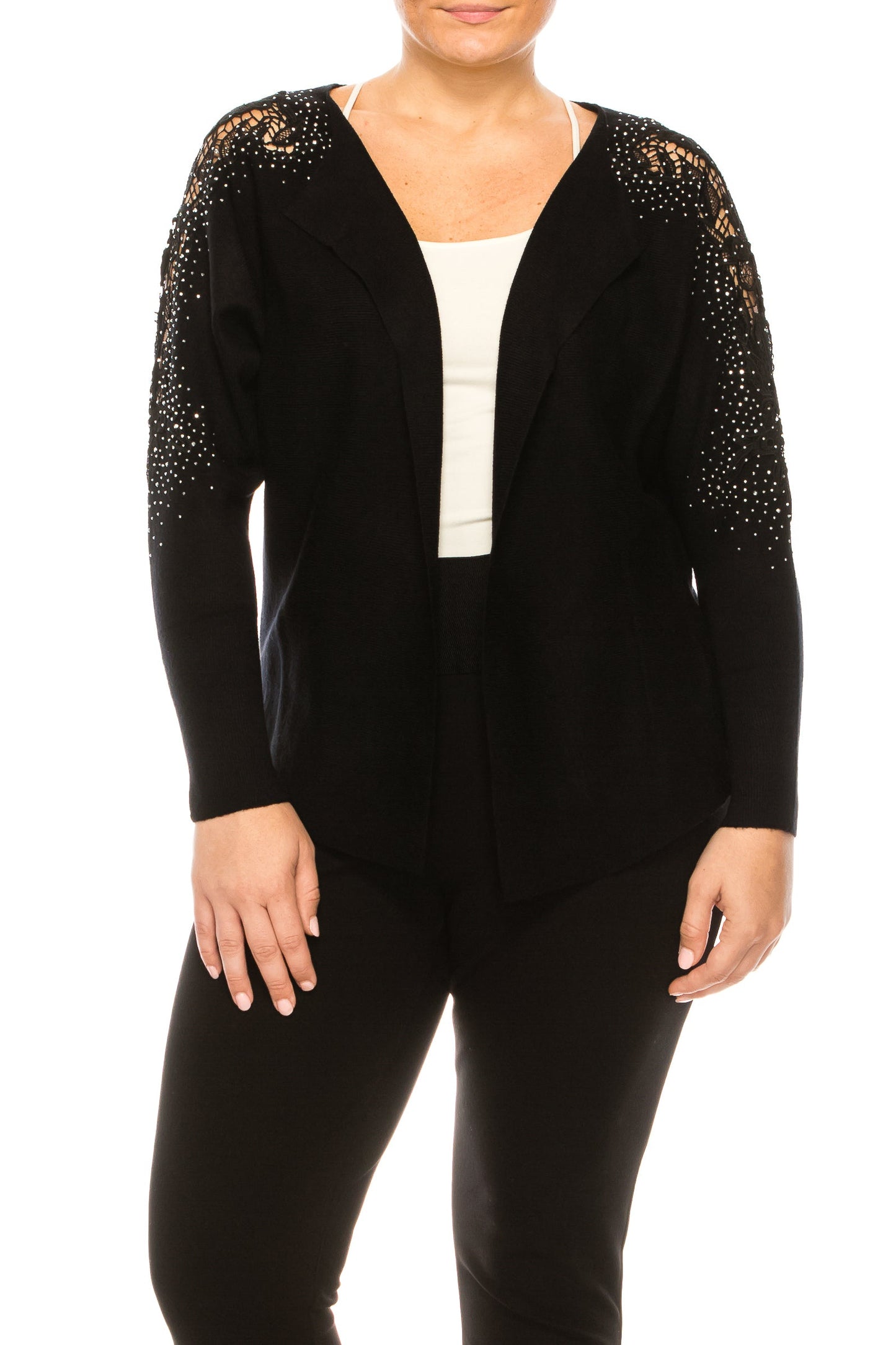LIV Black Embroidery Long Sleeve Open Front Knit Jacket