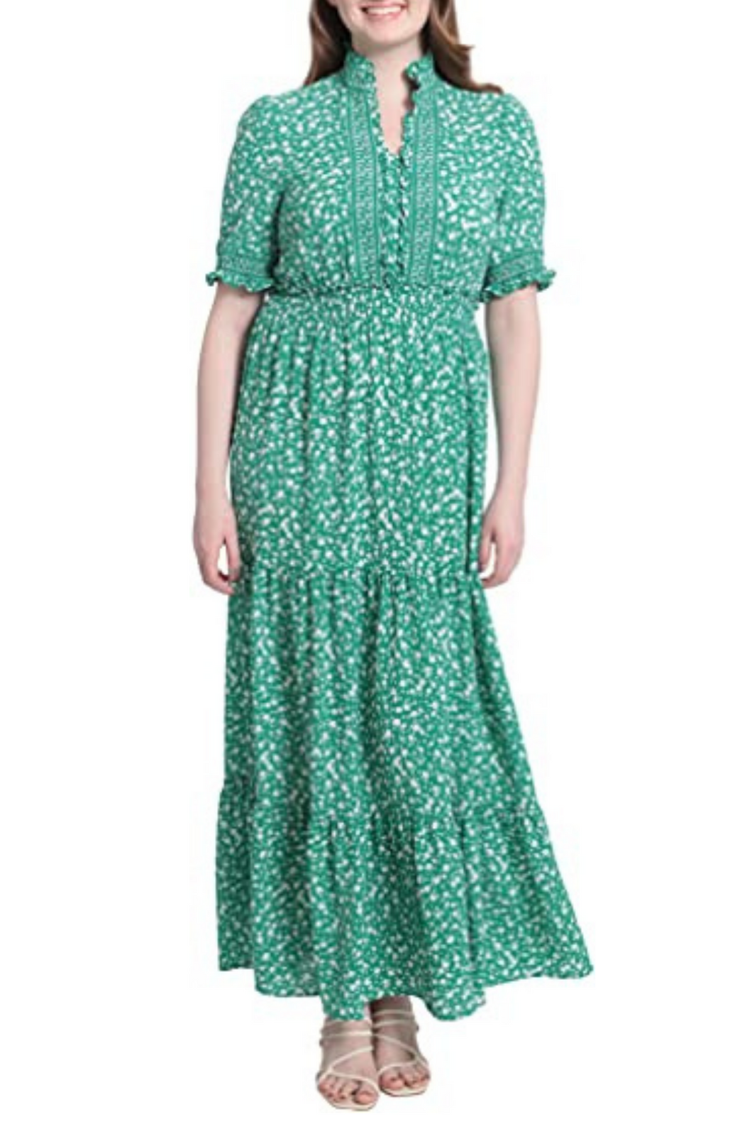 London Times Green White Floral Print Short Sleeve Ruffle Maxi Dress