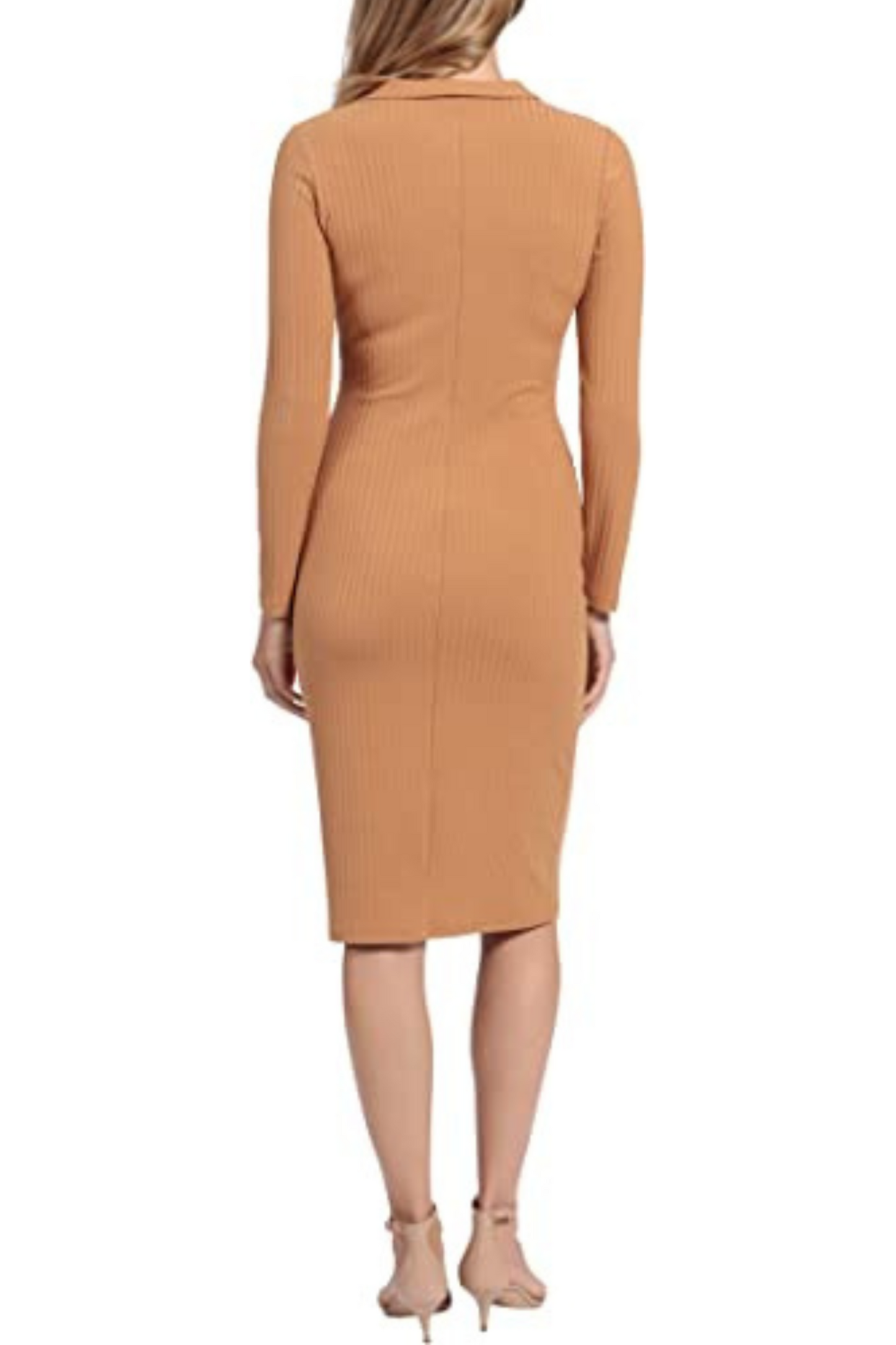 London Times Biscuit V-Neck Collared Long Sleeve Midi Dress