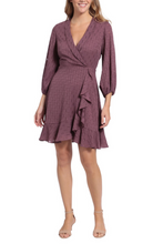 Load image into Gallery viewer, London Times Plum Wine Faux Wrap Style Long Sleeve Dress

