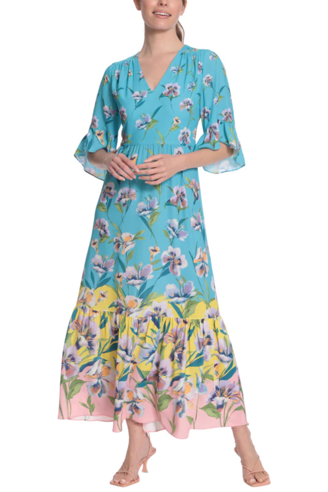 London Times 3/4 Sleeve Floral Print Maxi Dress