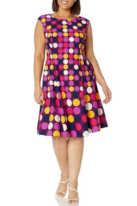 fit and flair dress, polka dot dress, party dress, pink polka dot dress