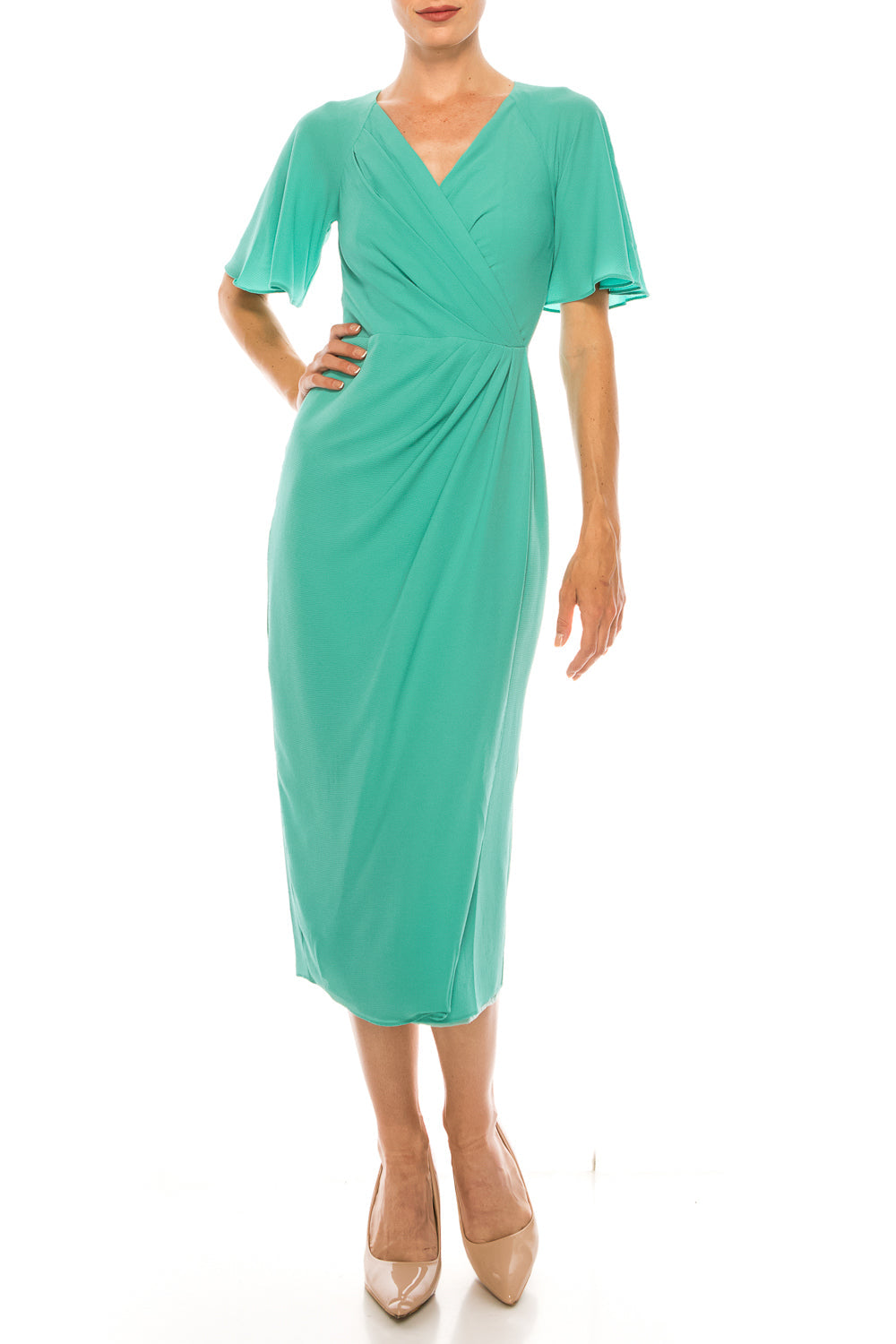 Maggy London Green Short Sleeve Wrap Midi Dress