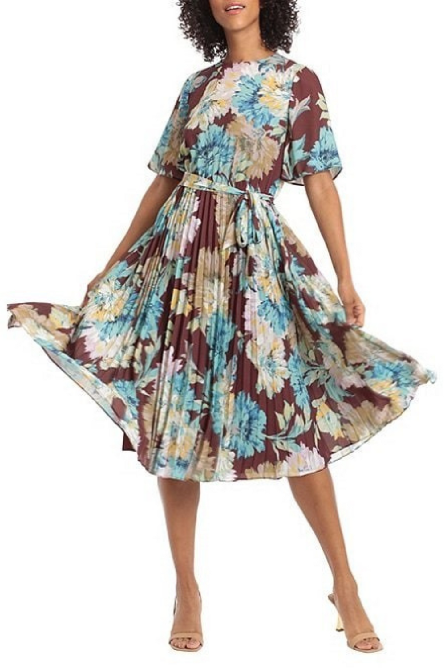 Maggy London Floral Print Pleated Midi A-Line Dress