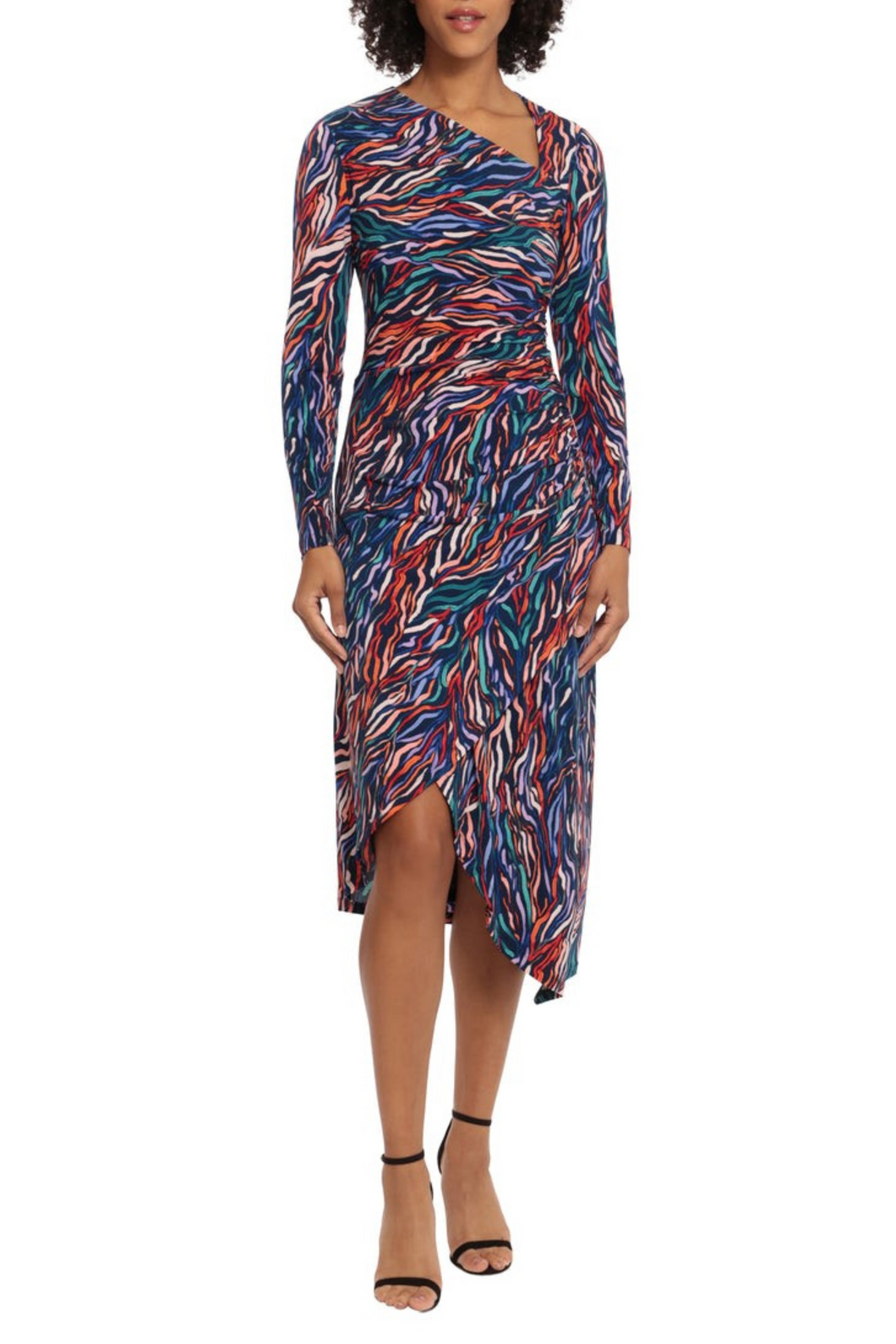 Maggy London Asymmetric Neckline Multi Color Midi Dress