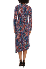 Load image into Gallery viewer, Maggy London Asymmetric Neckline Multi Color Midi Dress
