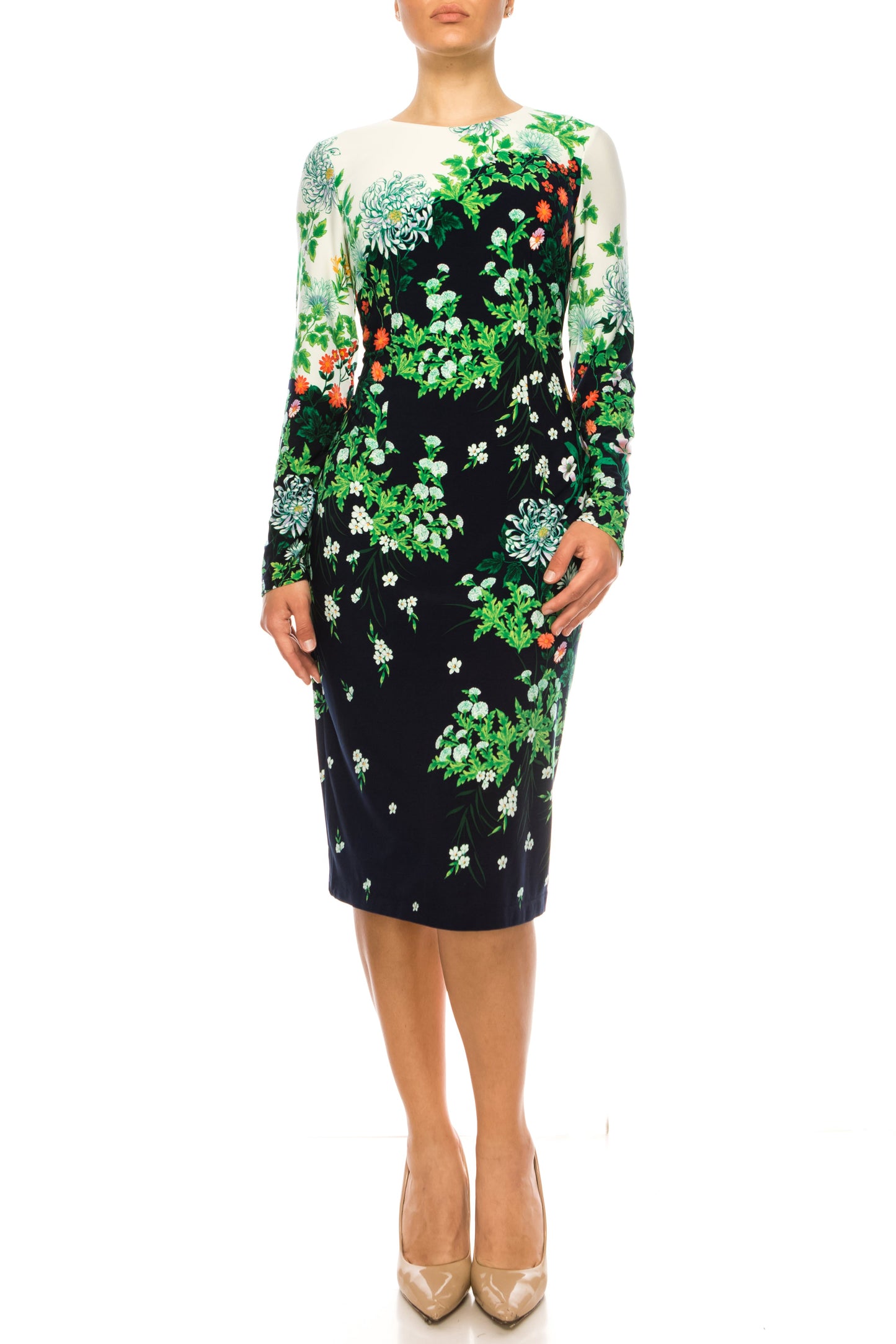 White and Green Sleeve Floral Sheath Dress