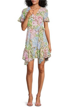 Load image into Gallery viewer, Maison Tara Ivory Lilac Floral Print Ruffle Short Sleeve Fit &amp; Flare Dress
