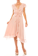 Load image into Gallery viewer, Maison Tara Tea Rose Ruffle Cap Sleeve Wrap Style Midi Dress
