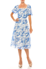 Load image into Gallery viewer, Maison Tara Ivory Royal Blue Square Floral Short Puff Sleeve A-Line Midi Dress
