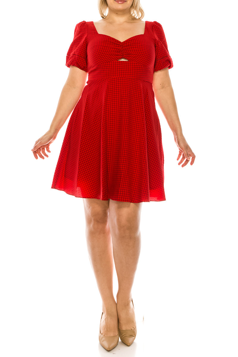 Maison Tara Red Gingham Print Short Puff Sleeve Sweetheart A-Line Dress