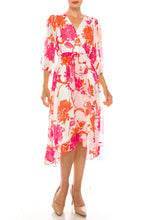 Load image into Gallery viewer, Danny &amp; Nicole Cream Pink Floral 3/4 Puff Sleeve Wrap Style Midi Dress
