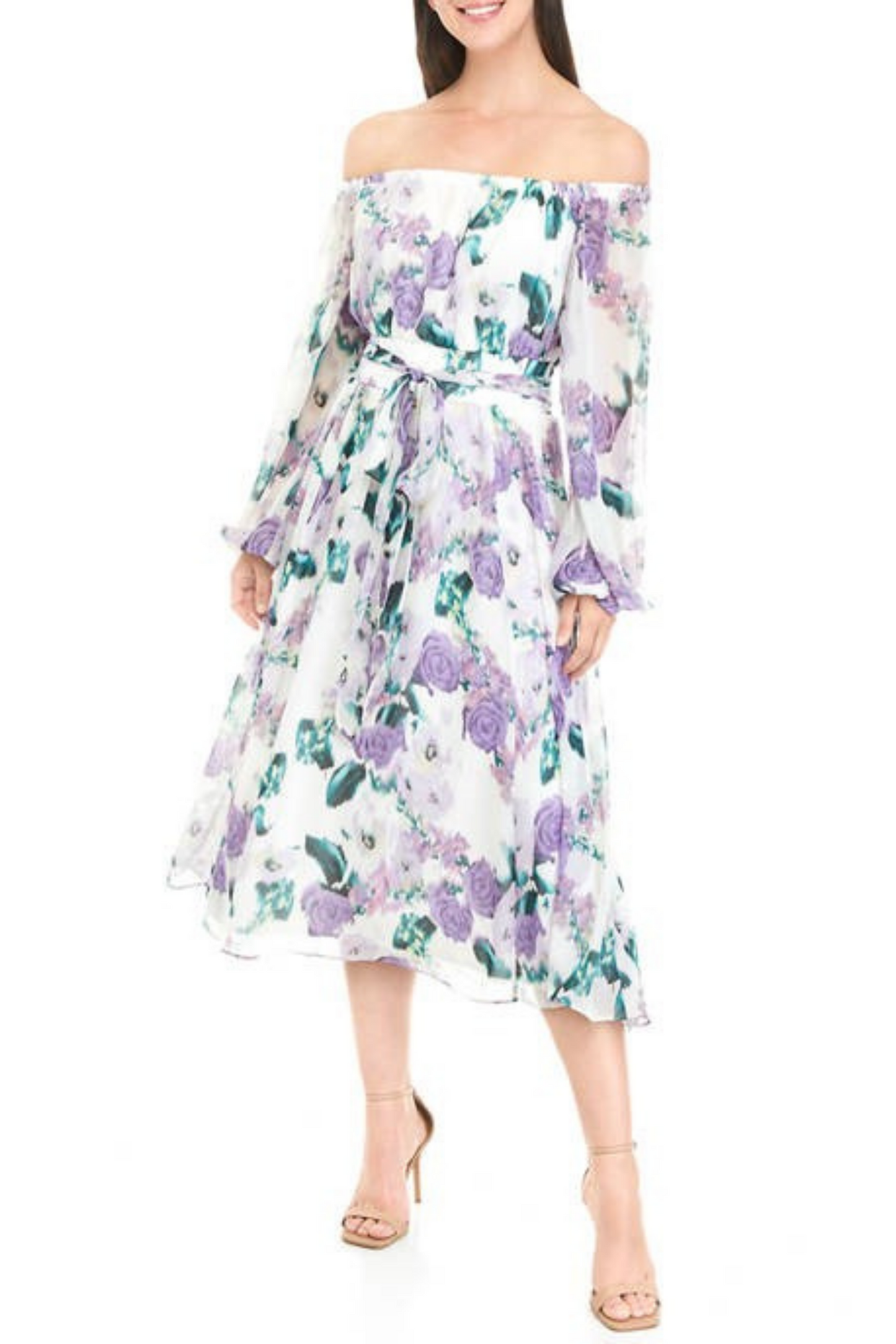 Maison Tara Ivory Lilac Floral Off The Shoulder Long Sleeve Midi A-Line Dress
