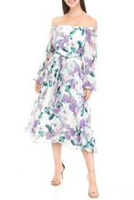 Load image into Gallery viewer, Maison Tara Ivory Lilac Floral Off The Shoulder Long Sleeve Midi A-Line Dress
