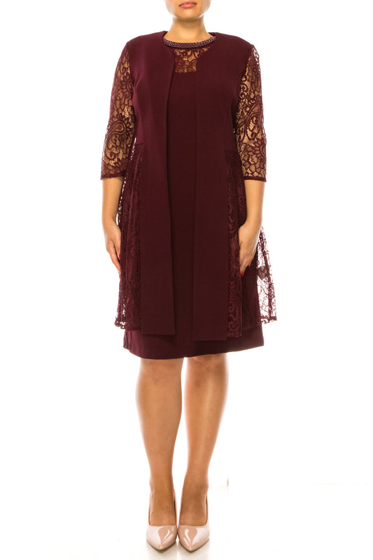 Cranberry Elegance: 3/4 Sleeve 2-Piece Lace Jacket Dress