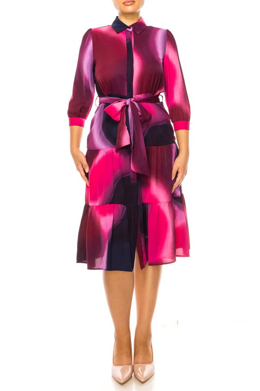 Nicole Miller Abstract Belted Shirt Tiered Dress