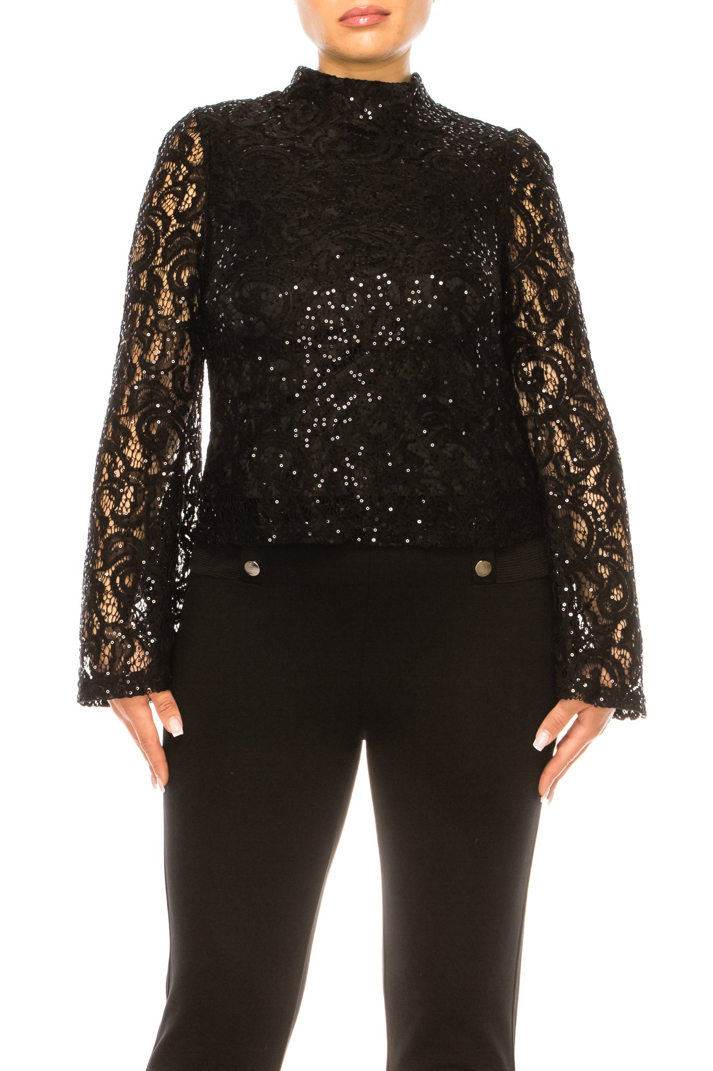 Nicole Miller Long Bell Sleeve Sequined Lace Top