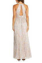 Load image into Gallery viewer, Nightway Champagne Metallic High Neck Peephole Evening Gown
