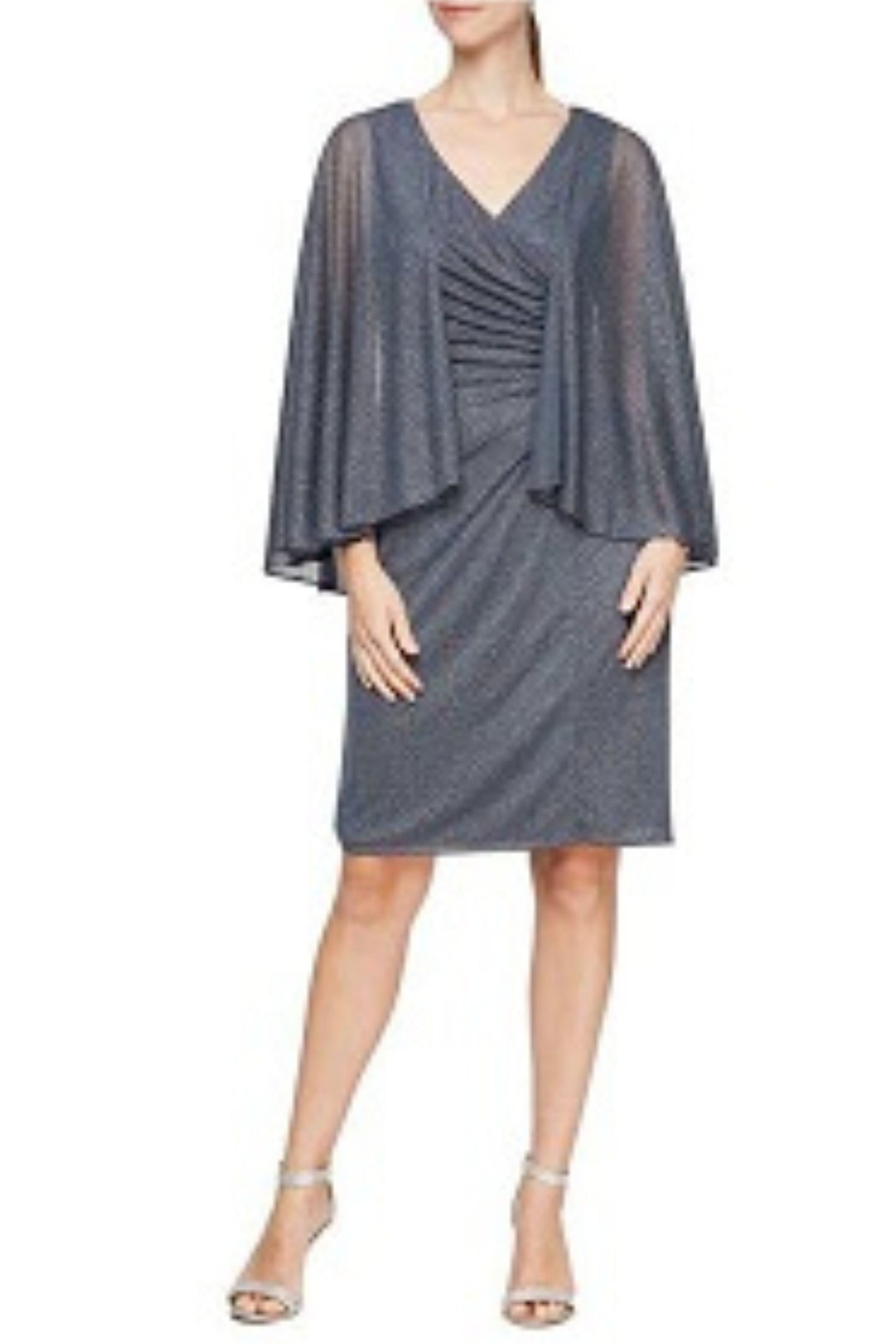 SLNY Metallic Cape Sleeve Short Evening Dress