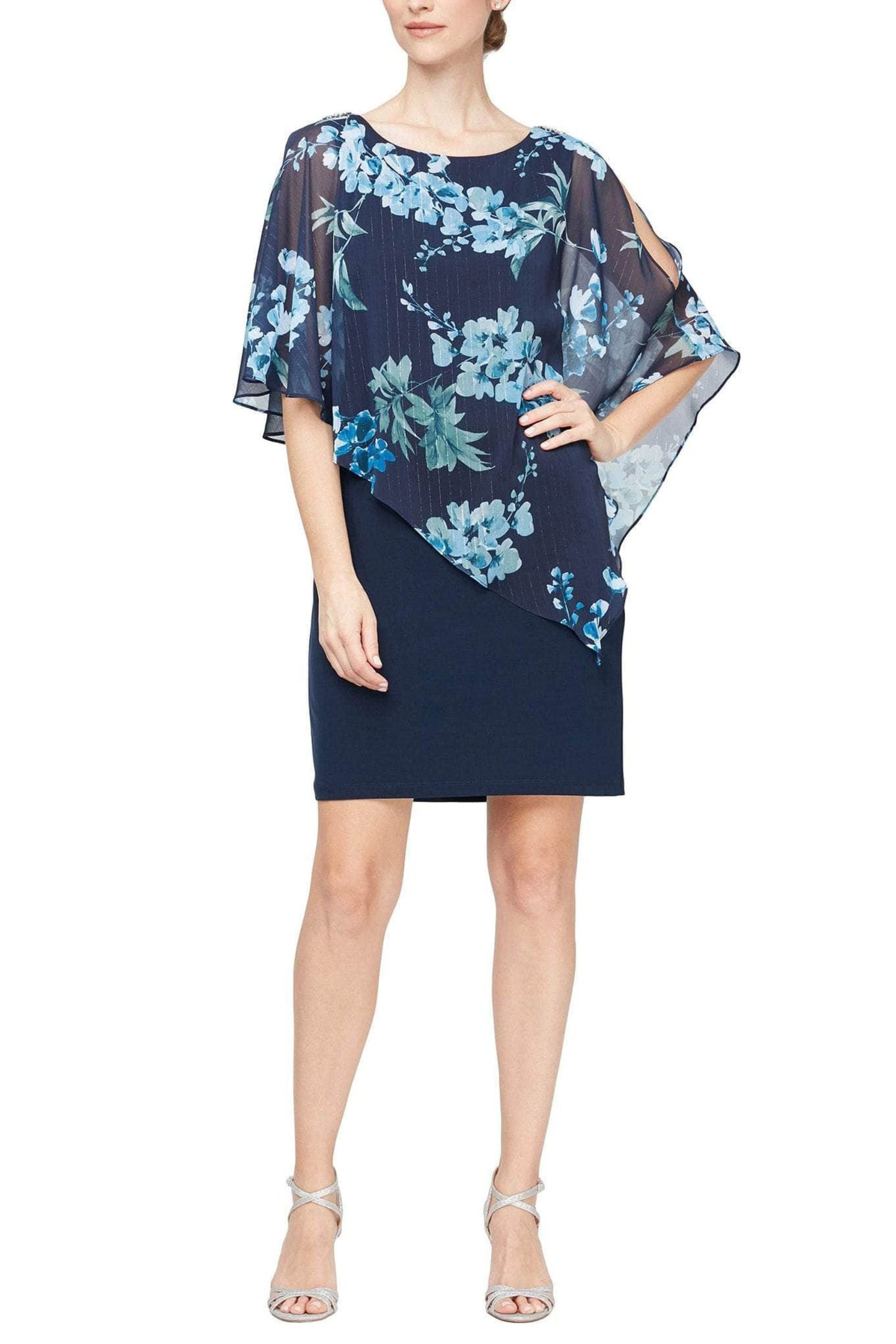 SLNY Floral Print Poncho-Style Short Evening Dress