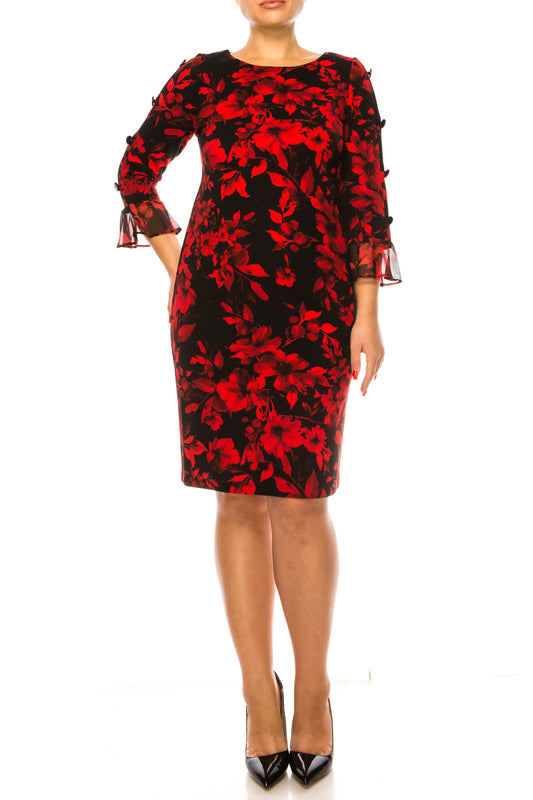 Black and red floral dress Long sleeve sheath dress Floral print attire Elegant evening gown Special occasion dress Knee-length floral dress Stylish sheath silhouette